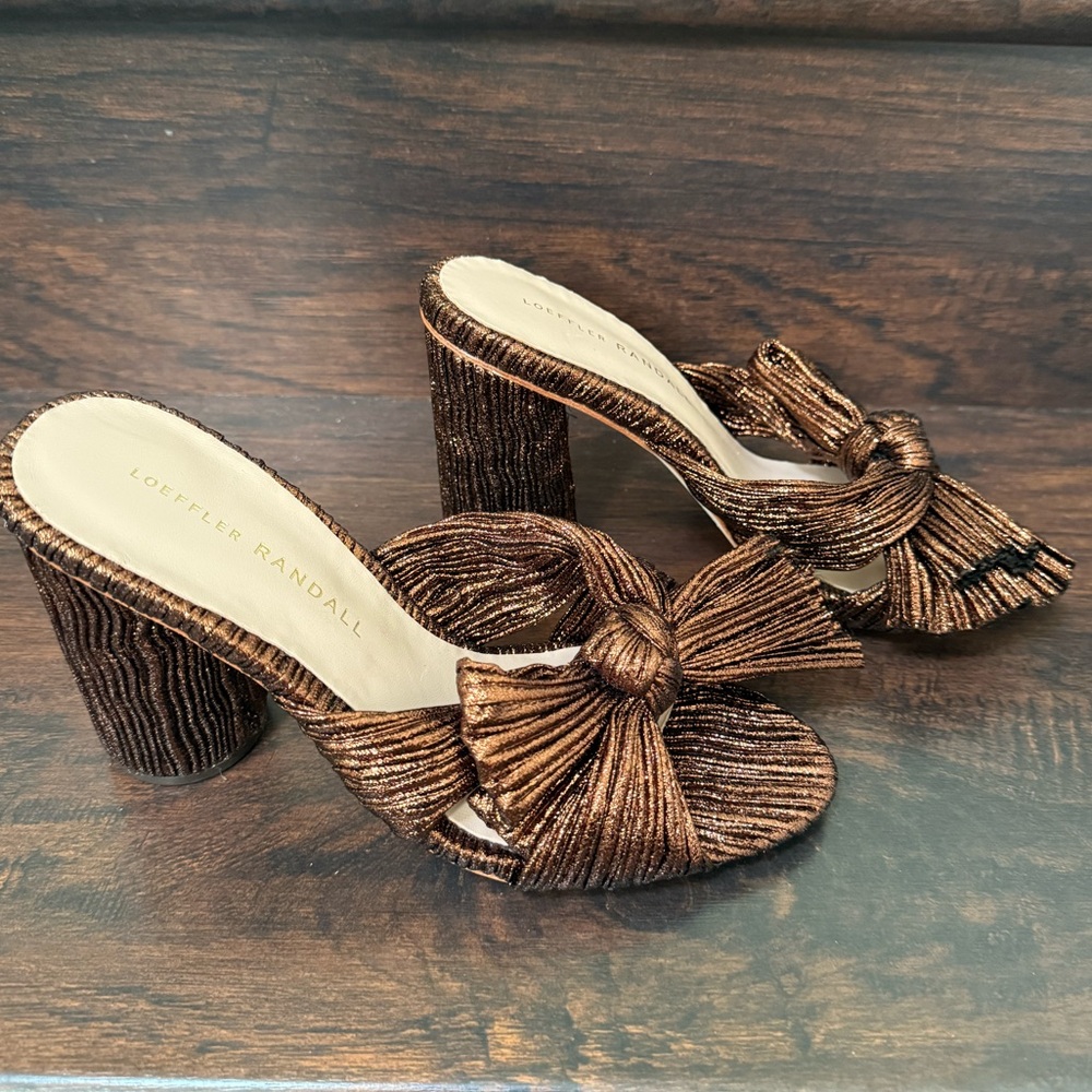 Loeffler Randall Mocha Brown Penny Knot Bow Mules Heels size 6.5 NEW